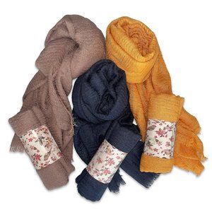 Women Cotton Scarf Shawl Turban Soft Solid Colour 3 PCS Yellow,Blue,Light-Brown